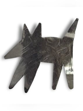 VTG Brutalist Primitive Dog Wolf Brooch Pin Silver Tone Abstract Folk Art Retro